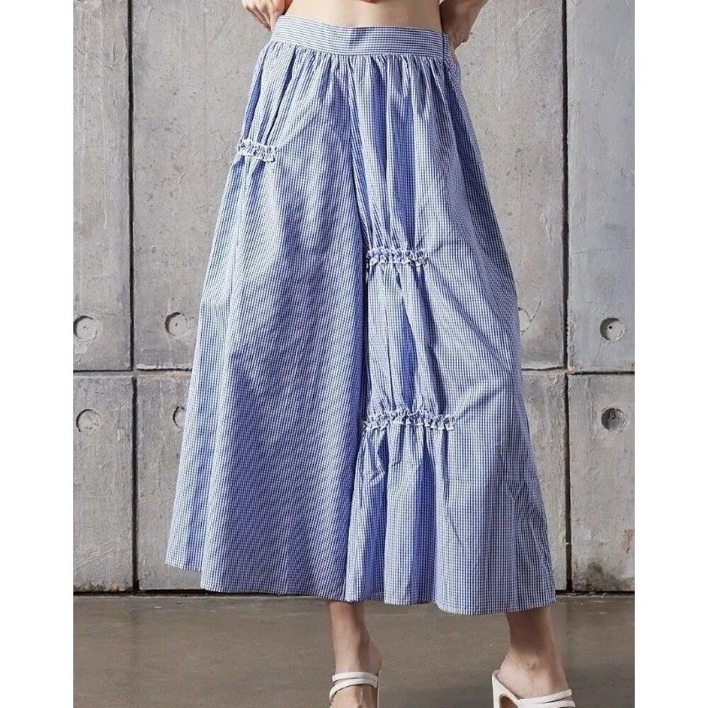 Reveuse Check Blue Plaid Lantern Skirt Ethnic Culottes Drop Crotch Cropped Pants